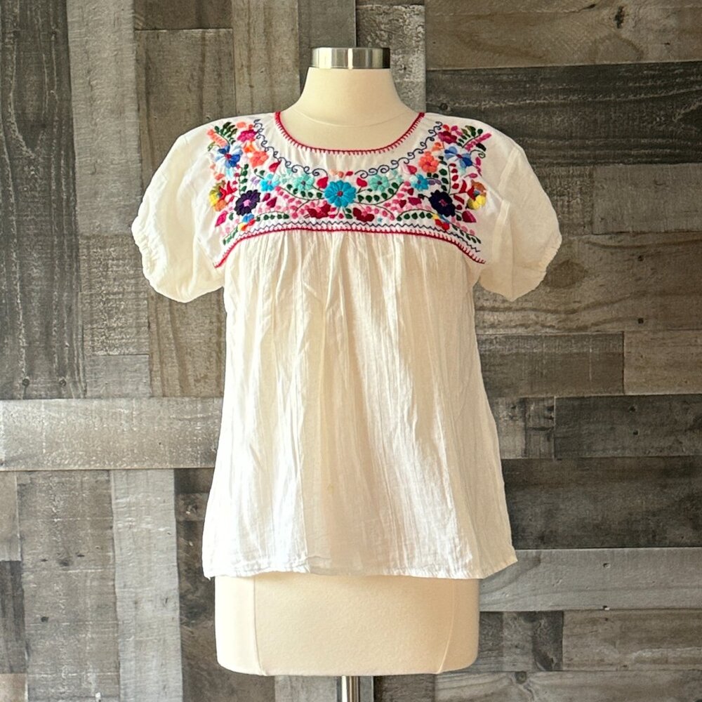 White puff sleeves feista top medium rainbow floral embroidery festival party - Picture 5 of 10